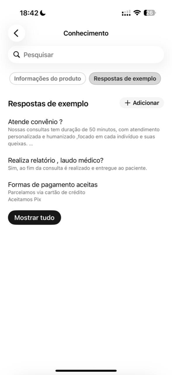 Tela enviada: Conhecimento, aba Respostas de exemplo selecionada, botão Adicionar e perguntas sobre convênio, documentos e pagamento